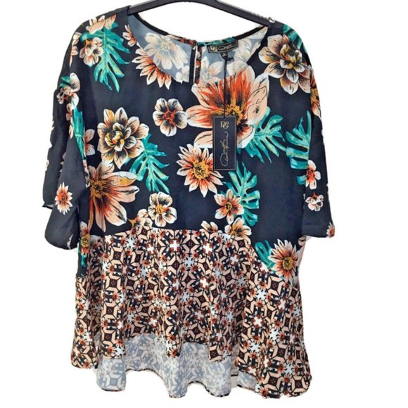 DG2 by Diane Gilman Women's Floral Ruffle Sleeve Blouse - Picture 1 of 7